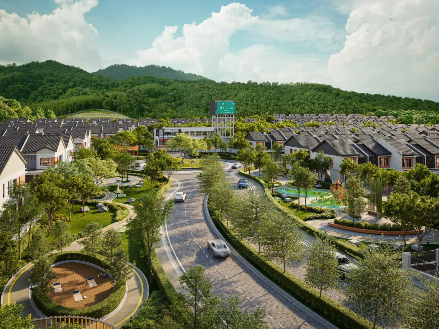 Paramount Embun Hills 的航拍效果图，包含独立住宅、公园和山丘