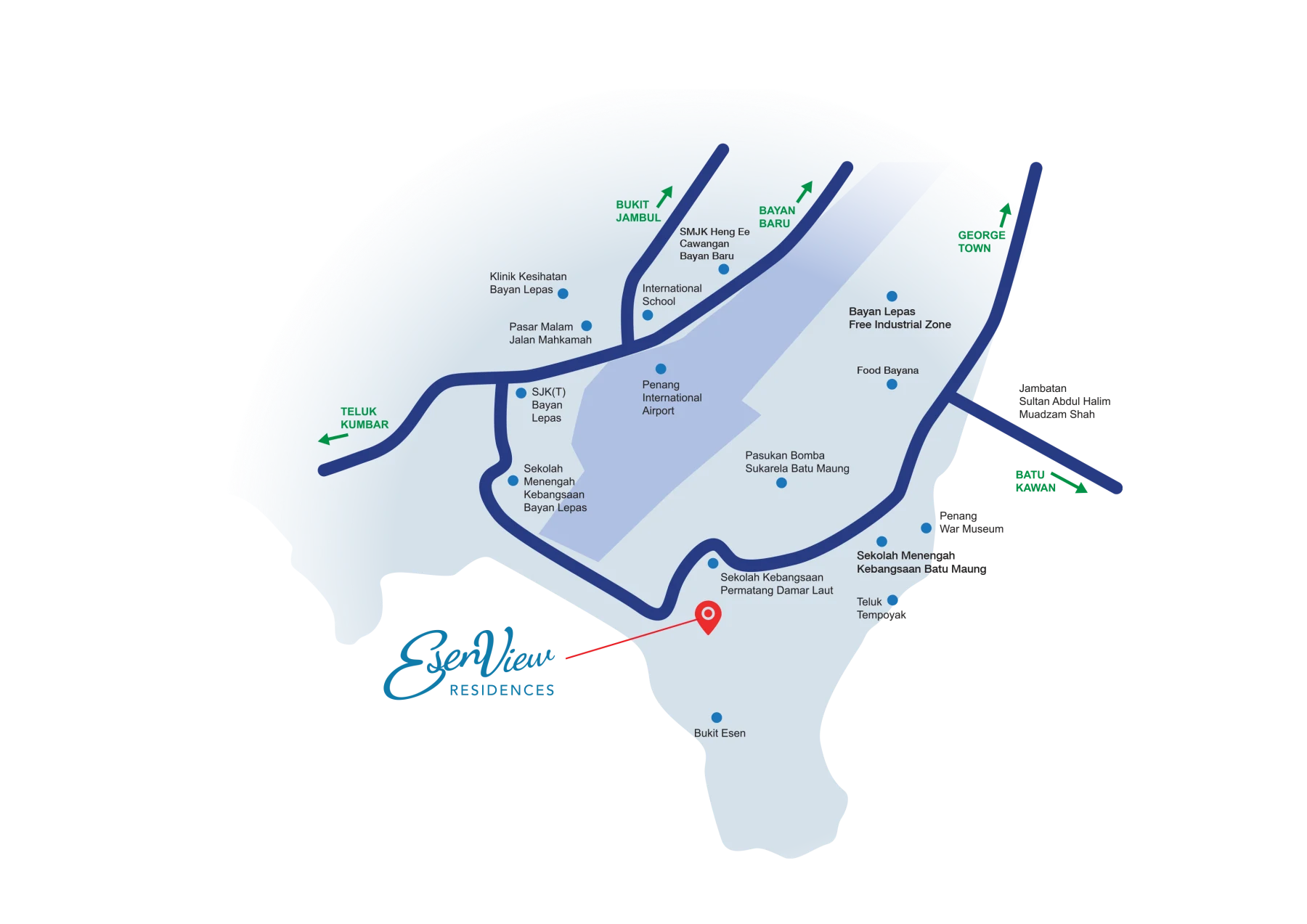 Official Esenview Residences connection map showing nearby landmarks