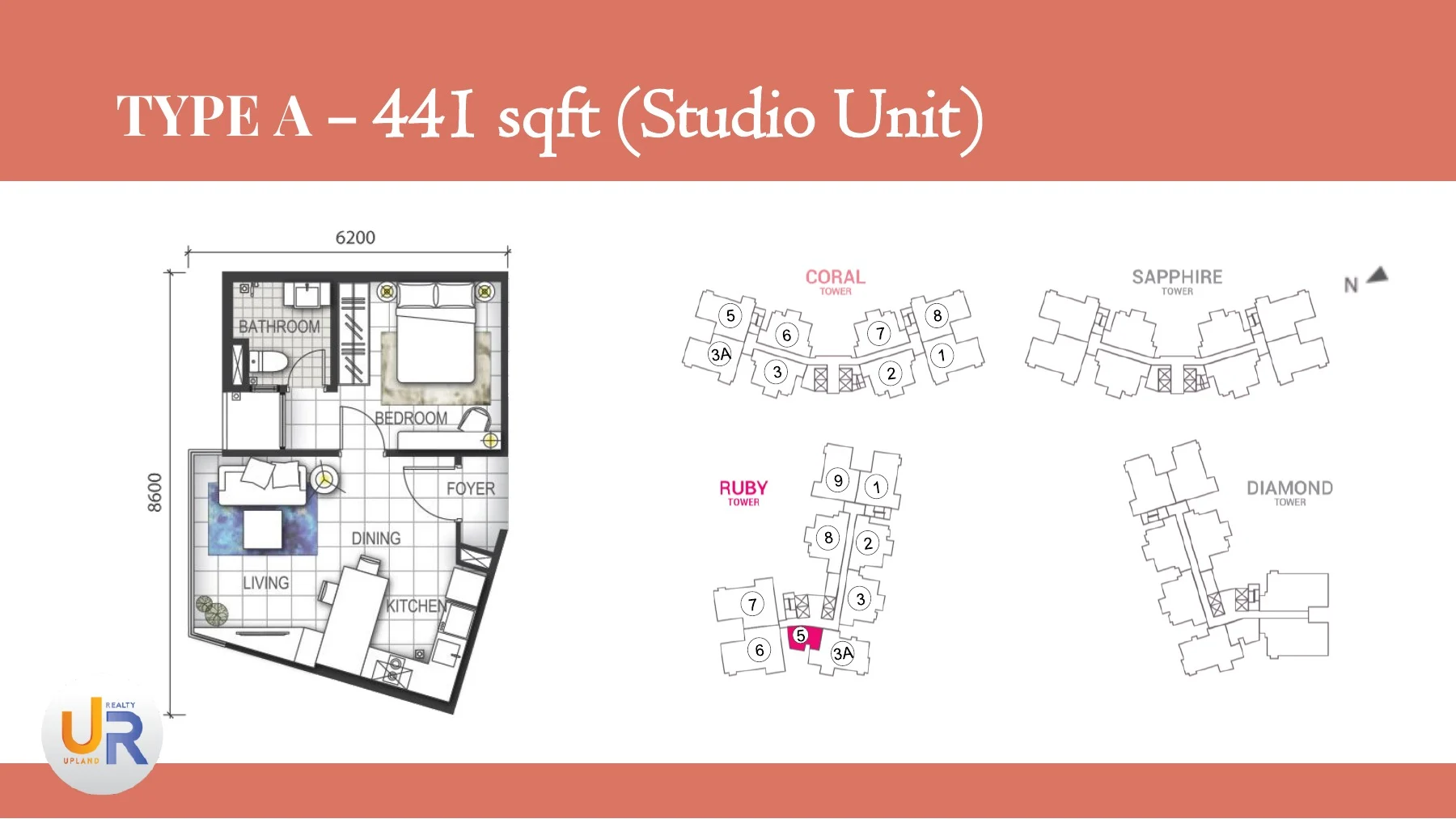 官方 GEM Residences A 型 441 平方英尺工作室平面图