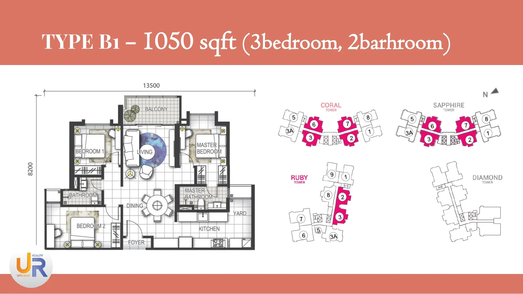 官方 GEM Residences B1 型 1050 平方英尺三房平面图