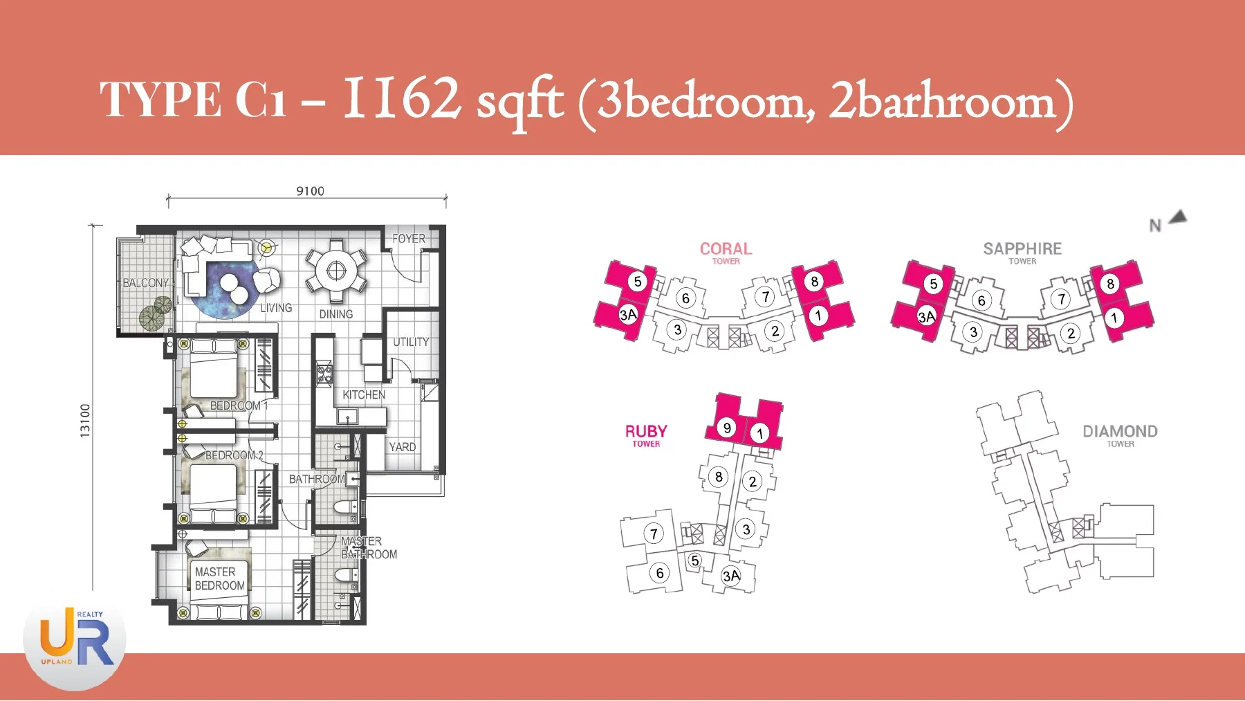 官方 GEM Residences C1 型 1162 平方英尺三房平面图