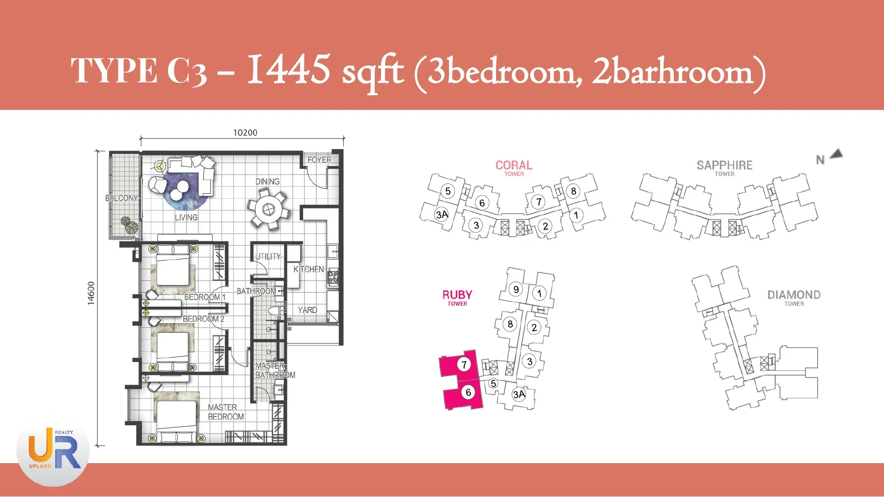官方 GEM Residences C3 型 1445 平方英尺三房平面图