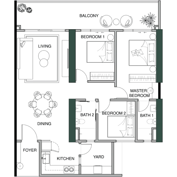 Lumina Residence B 型 1,346 平方英尺官方平面图