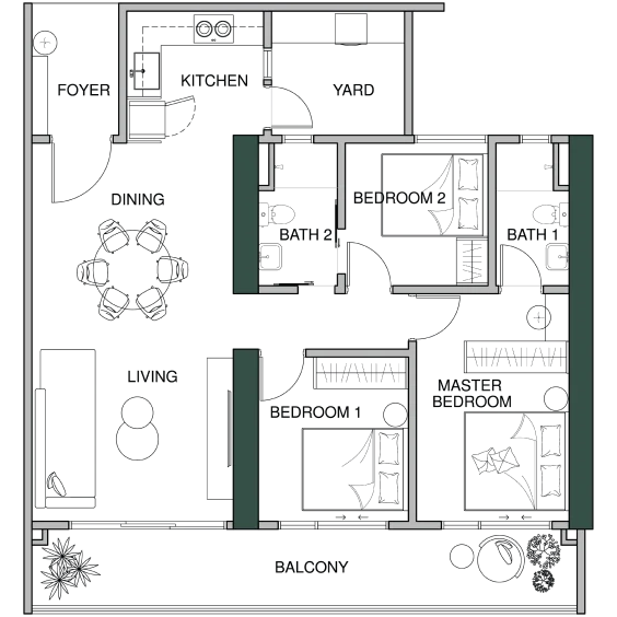Lumina Residence D 型 1,206 平方英尺官方平面图