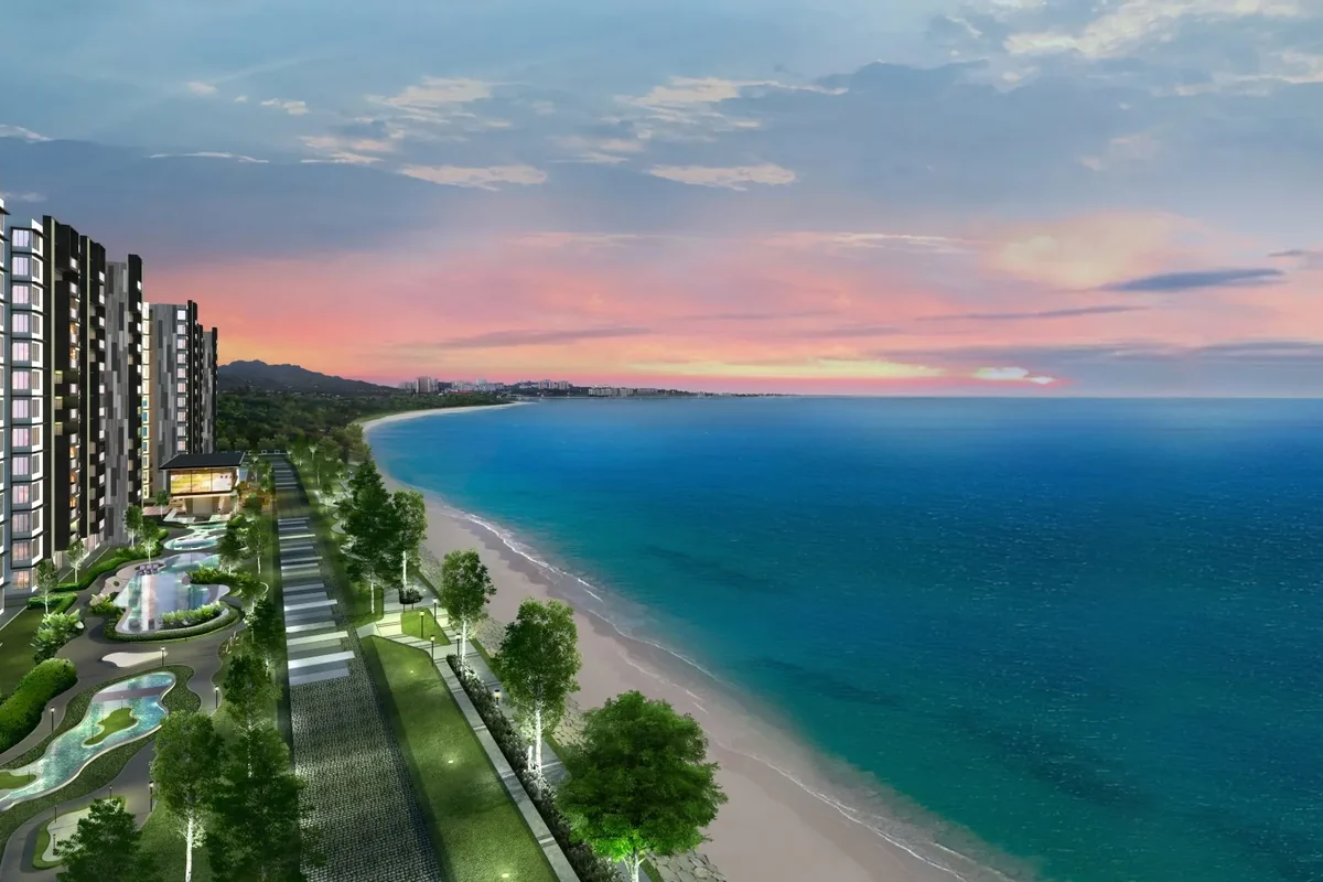 Teluk Air Tawar 海岸线旁的 Marina Residence 的艺术想象图