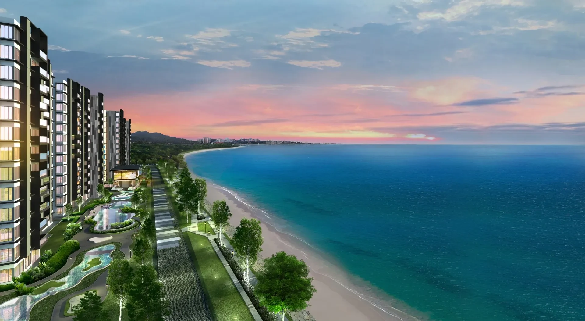 Teluk Air Tawar 海岸线旁的 Marina Residence 塔楼的艺术想象图