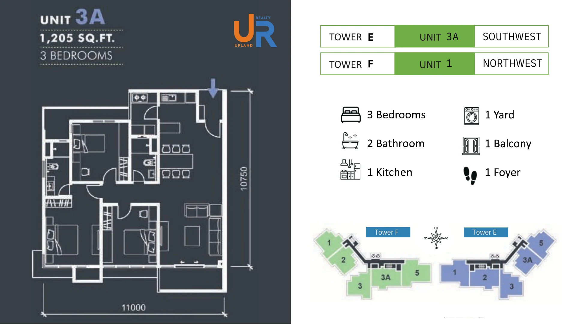 官方1,205平方英尺Marina Residence 单位平面图 E 座单位3A 和 F 座单位1