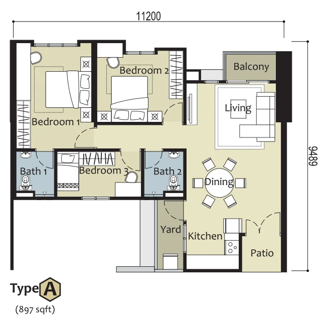 Montview Residence A 型 897 平方英尺 3 房单位布局