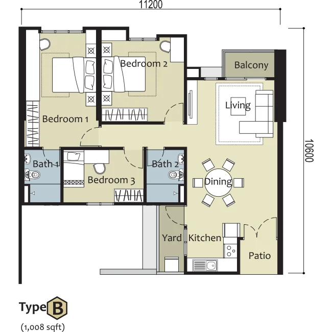 Montview Residence B 型 1008 平方英尺 3 房单位布局