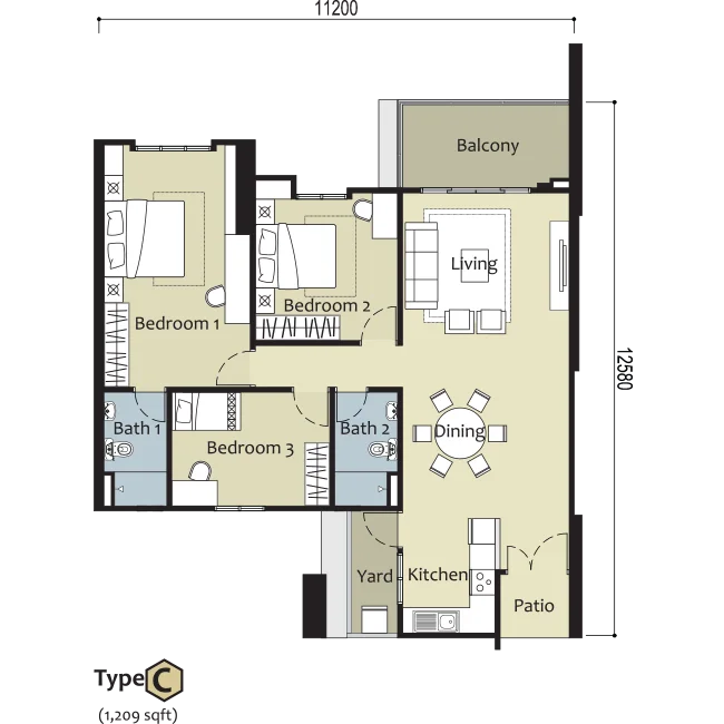 Montview Residence C 型 1209 平方英尺 3 房单位布局