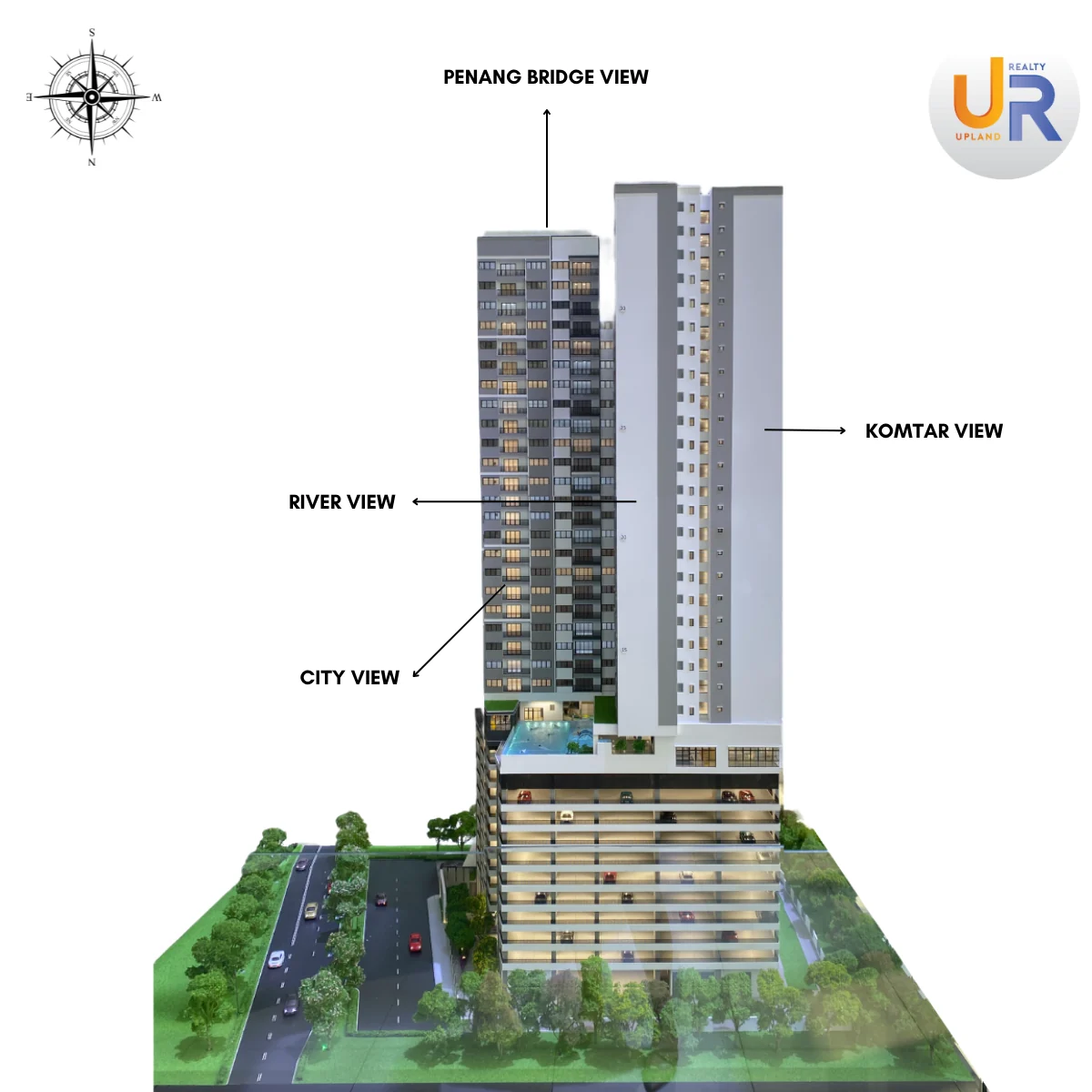 OSK Rubica 塔架模型，展示槟城桥梁、河流、城市和光大广场景观方向