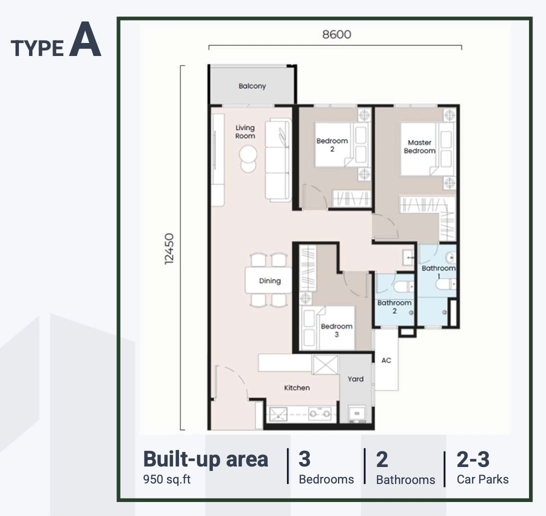 Sevora Residence A 型 950 平方英尺单位布局