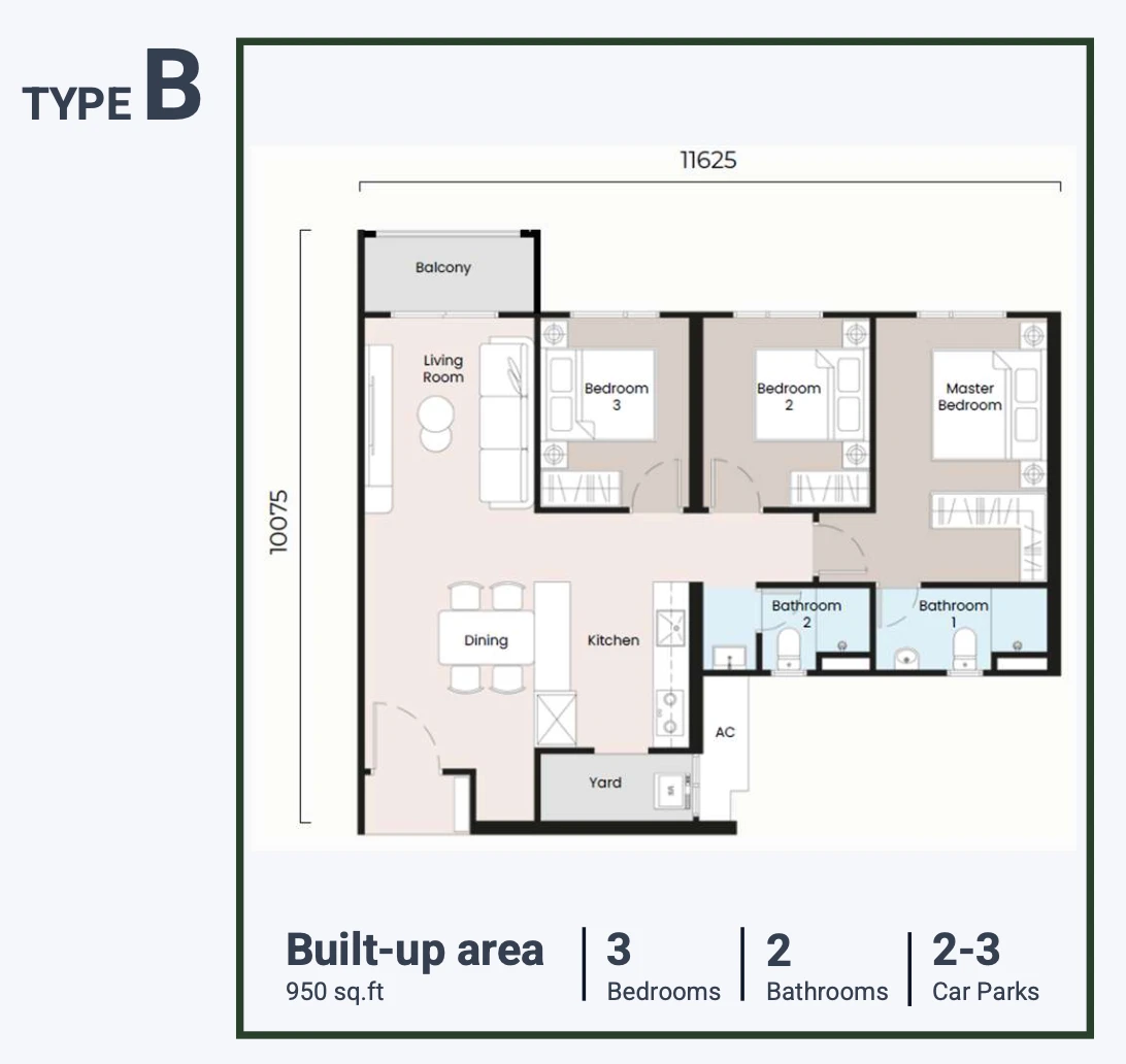 Sevora Residence B 型 950 平方英尺单位布局